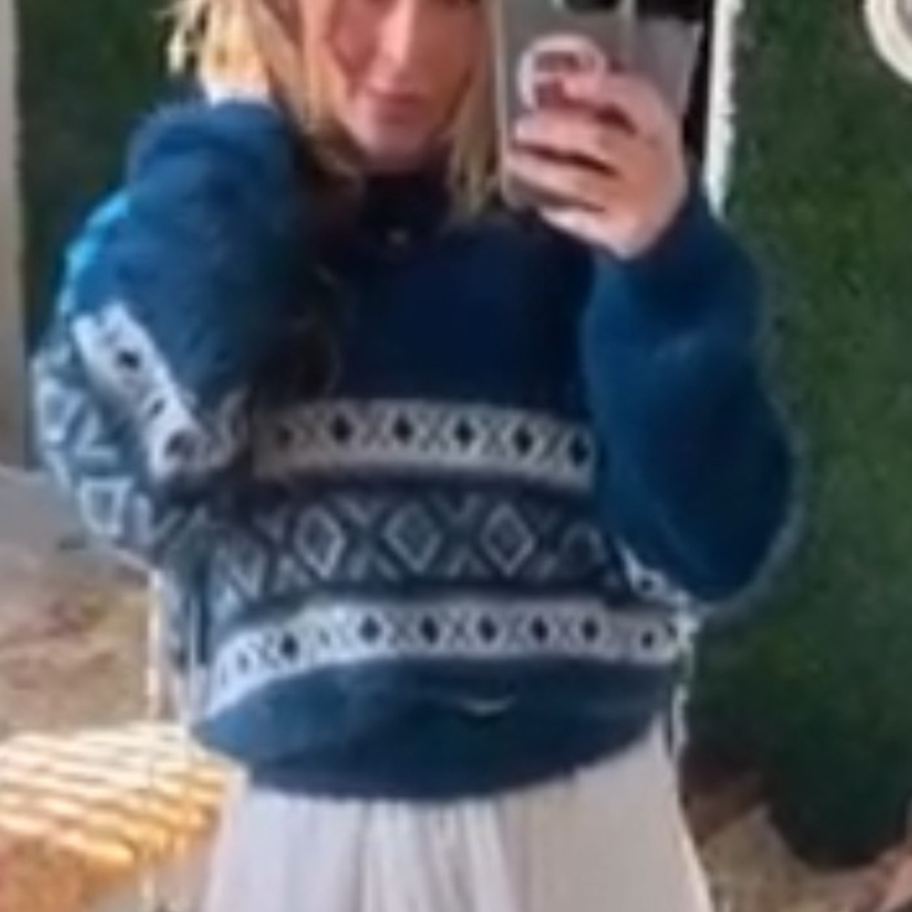 BDG Blue and White Crew Neck Sweater with Geometric Pattern